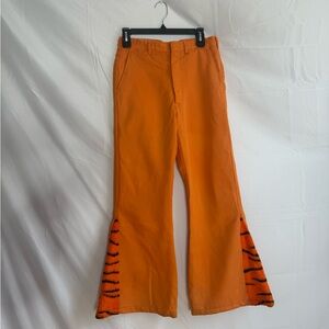 70s Handmade Orange Flared Men Pants with Tiger Print